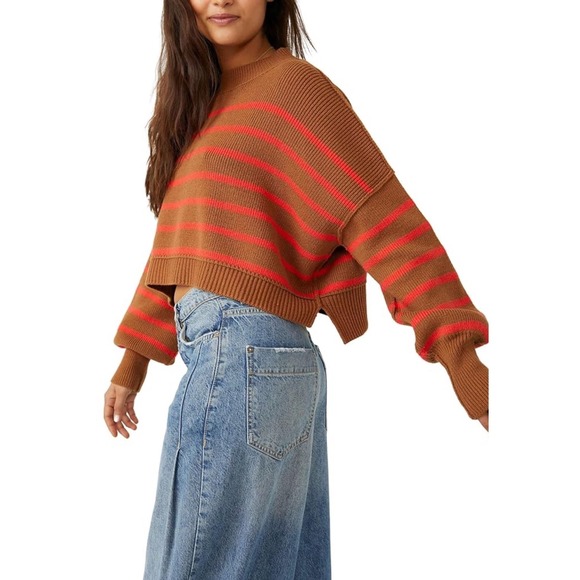 NWOT‎ FREE PEOPLE Striped Easy Street Cropped Sweater BrownOrange Women's Small - Picture 2 of 10